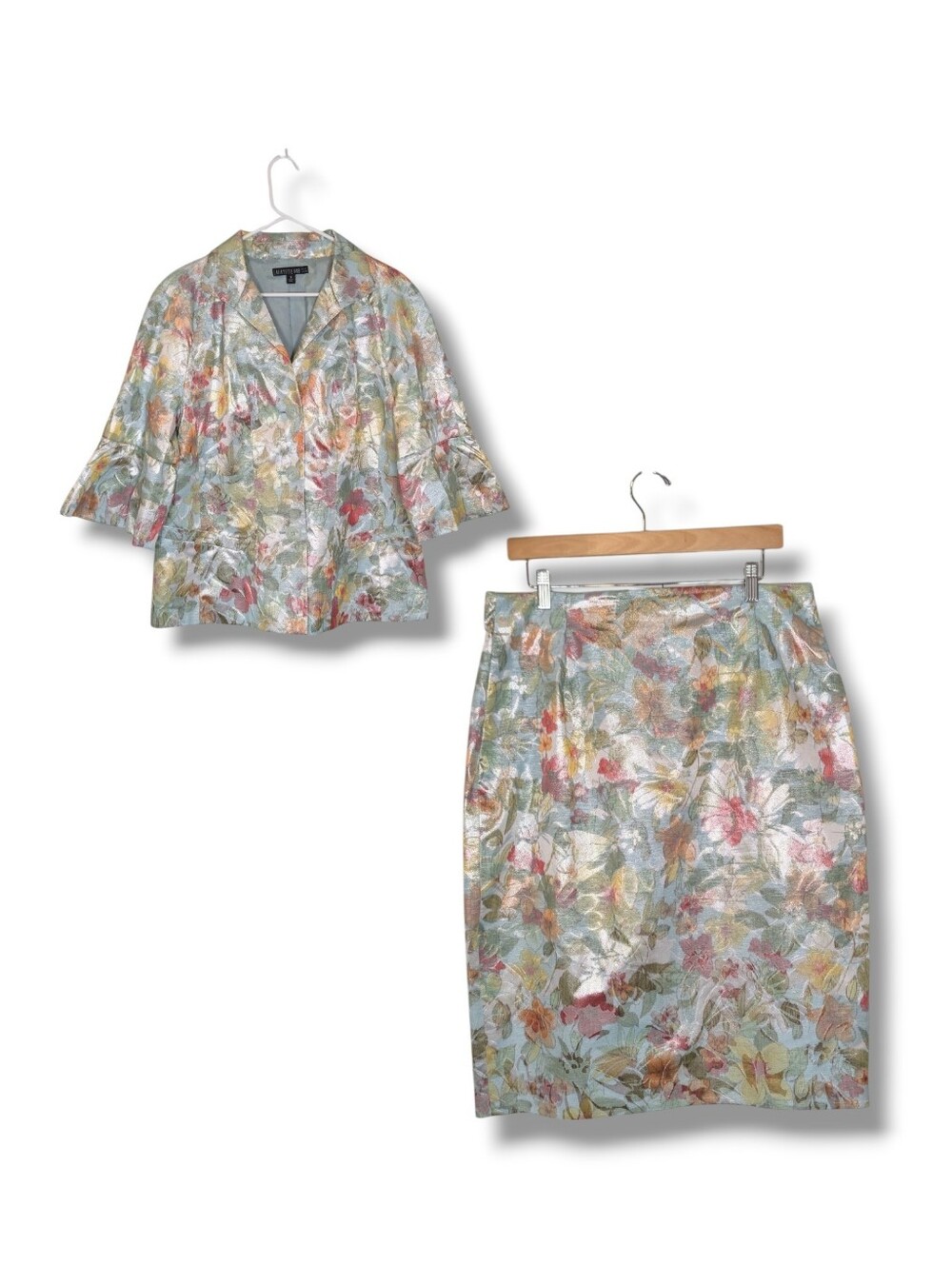 Lafayette 148 Metallic Floral Jacquard Skirt Suit Set Blazer Pencil Skirt 16/18‎
